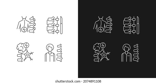 Spinal column disorders linear icons set for dark and light mode. Scoliosis. Neuromuscular disability. Customizable thin line symbols. Isolated vector outline illustrations. Editable stroke