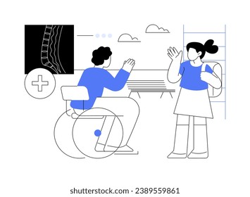 Spinal cord injury assistive devices abstract concept vector illustration. Patient using disabled carriage after spinal cord injury, physical medicine and rehabilitation abstract metaphor.