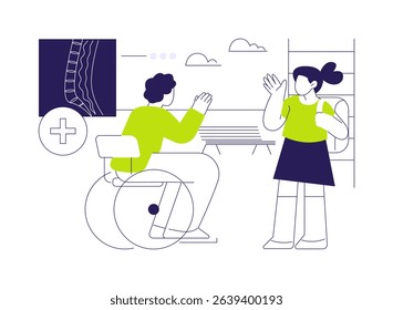 Spinal cord injury assistive devices abstract concept vector illustration. Patient using disabled carriage after spinal cord injury, physical medicine and rehabilitation abstract metaphor.