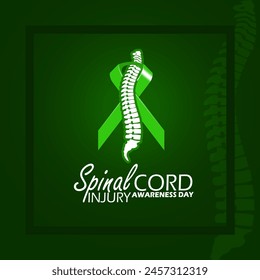 Spinal Cord Injury Awareness Day event banner. A green ribbon with spine in frame on dark green background to commemorate on May 14th