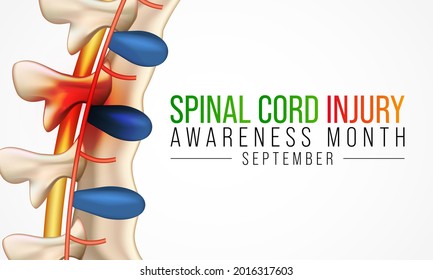 Im September wird jedes Jahr ein Monat zur Bewusstseinsbildung bei Verletzungen des Rückenmarks beobachtet, Personen mit SCI überwinden oft die Herausforderungen ihres Zustands und führen ein normales, glückliches Leben. Vektorgrafik
