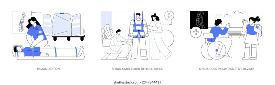 Spinal cord injury medicine abstract concept vector illustration set. Immobilization, spinal cord injury rehabilitation, assistive devices, physical medicine and rehabilitation abstract metaphor.