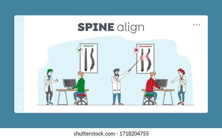 Spinal Deformity, Scoliosis and Spine Backbone Curvature Landing Page Template. People Characters at Desk in Correct and Wrong Posture with Healthy and Unhealthy Back Bones. Linear Vector Illustration