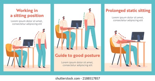 Spinal Deformity, Scoliosis and Spine Backbone Curvature Banners. Male Characters Standing and Sitting at Desk at Correct and Wrong Posture of Back Bones. Cartoon Vector Illustration, Posters
