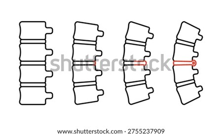 Spinal disc herniation, pain with bending of vertebrae bone, line icons. Orthopedic medical, degenerative disc disease. Healthcare concept, spine anatomy. Vector illustration