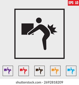 Eine Rückenmarksscheibe bewegt sich plötzlich heraus, drückt auf die Nerven und verursacht starke Schmerzen, schwarzes Vektorsymbol-Design für Website, App, UI, einzeln auf weißem Hintergrund. EPS 10, Vektorgrafik 