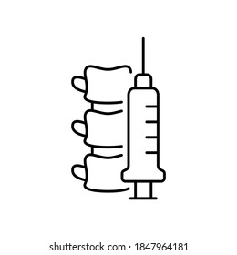 Spinal or epidural anesthesia. Linear icon of spine and syringe. Black simple illustration of medical injection into nerve. Contour isolated vector pictogram on white background