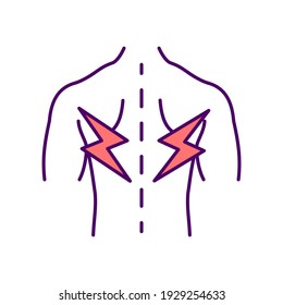 Spinal pain RGB color icon. Muscle strains and sprains. Poor posture. Spine curvature. Body soreness and backache. Pressure on spinal nerves. Diminished physical activity. Isolated vector illustration