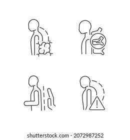 Spinal problems linear icons set. Backbone diseases and traumas. Severe disability. Pathologic scoliosis. Customizable thin line contour symbols. Isolated vector outline illustrations. Editable stroke