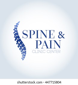 Spinal surgery abstract logo vector illustration, flat spine orthopedic therapy diagnostic center sign, medical analysis of vertebrae, ridge label, hospital logotype symbol design isolated on white.