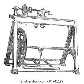 Spindle Lathe Woodturning Machine, vintage engraved illustration. Trousset encyclopedia (1886 - 1891).