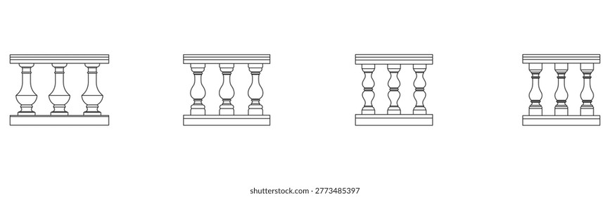spindle set, balusters, stair, railing elements, architectural element, blueprint, line icon, customizable, vector