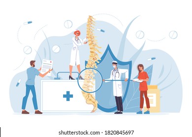 Spine backbone disease diagnostics. Backache, rheumatism, deformity, vertebral inflammation treatment. Skeletal surgeon. Vertebrologist doctor nurse team in uniform examine human vertebra