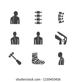 Iconos de glifo plano de columna vertebral. Clínica de ortopedia, rehabilitación médica, trauma de espalda, hueso roto, corrección de postura, escoliosis. Atención de salud, señales de vector hospitalario.