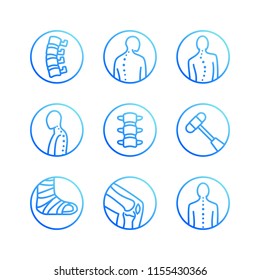 Spine, backbone flat line icons. Orthopedics clinic, medical rehab, back trauma, broken bone, posture correction scoliosis. Health care hospital circle signs, vector logo. Spine, backbone flat line icons. Orthopedics clinic, medical rehab, back trauma, broken bone, posture correction scoliosis. Health care hospital circle signs, vector logo.