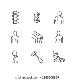 Spine, Backbone Line Icons. Orthopedics Clinic, Medical Rehab, Back Trauma, Broken Bone, Posture Correction, Scoliosis. Health Care Thin Linear Hospital Signs. Pixel Perfect 64x64. Editable Strokes