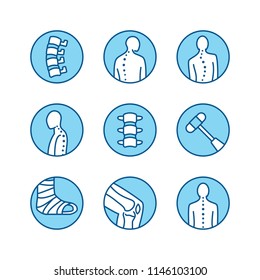 Spine, backbone line icons. Orthopedics clinic, medical rehab, back trauma, broken bone, posture correction scoliosis. Health care hospital circle signs, logo.