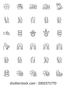 Spine backbone line icons set. linear style symbols collection, outline signs pack. Orthopedic rehabilitation vector graphics. Set includes icons as posture correction, herniated spinal disc diagnosis