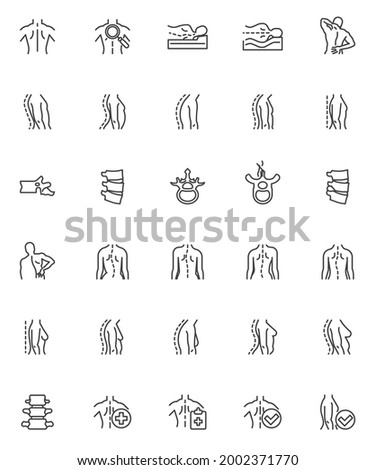 Spine backbone line icons set. linear style symbols collection, outline signs pack. Orthopedic rehabilitation vector graphics. Set includes icons as posture correction, herniated spinal disc diagnosis