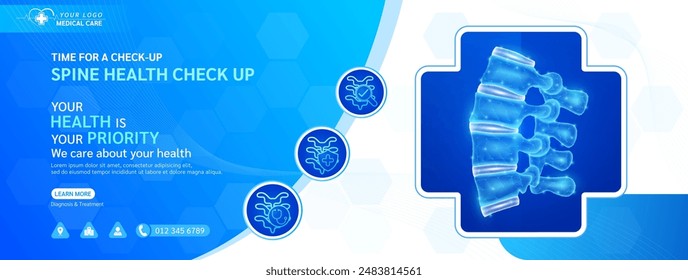 Spine bone in cross or plus frame. Medical health care check up. Shield and magnifying glass examining organ icon. Template design background banner for medical ads social media editable. Vector.