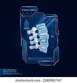 Spine bone in display card HUD interface medical. Human organ hologram with ultrasound diagnosis with AI innovative technology medical health care. Virtual touch UI screen frame. Vector.