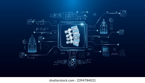 Humano de órganos óseos espinosos en la placa de circuito del procesador de microchips. Holograma de interfaz HUD. Análisis innovador de la atención de salud de la tecnología digital de alta tecnología de IA. Tratamiento moderno medicina futura. Vector.