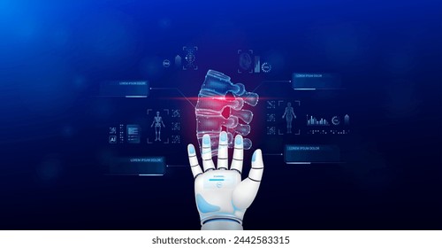 Spine bone scanning robot doctor diagnose disease on hand. Screen digital interface of system MRI scan human body organ DNA analysis. Future health care innovation. Science medical technology. Vector.