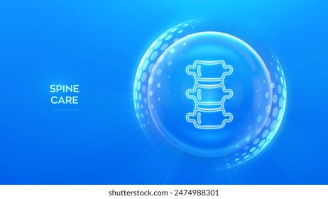 Spine care and protection. Healthy Spine medical concept. Human Spine anatomy organ icon inside protection sphere shield with hexagon pattern on blue background. Vector illustration.