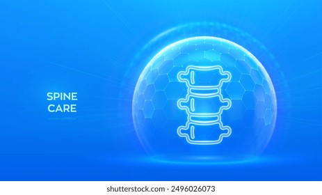 Spine care and protection. Healthy Spine medical concept. Human Spine anatomy organ icon inside protection sphere shield with hexagon pattern on blue background. Vector illustration.