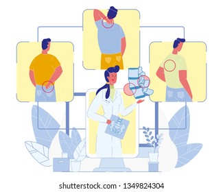 Spine Chronic Diseases, Back Pain, Vertebral Column Trauma Diagnostics and Treatment Flat Vector Concept. Female Doctor Studying X-Ray, Male Patient Suffering from Ache in Neck and Back Illustration