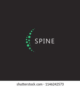 Spine clinic logo, two vertical arcs from green dots, spine doctor vector logotype template on black background. 