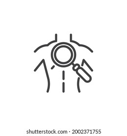 Wirbelsäulendiagnostik-Symbol lineares Stilzeichen für mobiles Konzept und Webdesign. Menschlicher Körper und Lupe umreißen Vektorsymbol. Symbol, Logo-Abbildung. Vektorgrafik