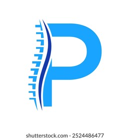 Logotipo de diagnóstico de la columna vertebral en la Plantilla del Vector de la letra P. Símbolo ortopédico