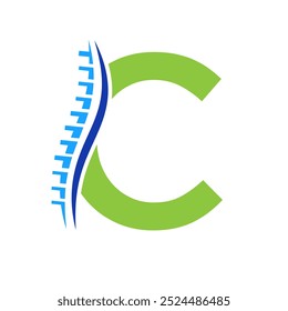 Logotipo de diagnóstico de la columna vertebral en la Plantilla del Vector de la letra C. Símbolo ortopédico