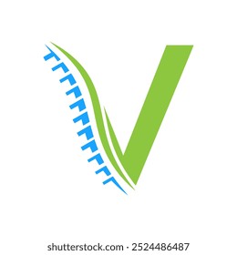 Logotipo de diagnóstico de la columna vertebral en la Plantilla del Vector de la letra V. Símbolo ortopédico