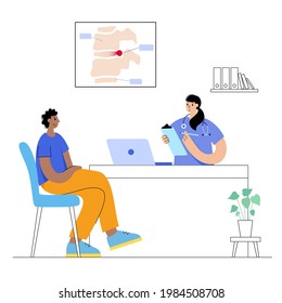 Spine disease, backbone with herniated disc. Intervertebral hernia concept, therapy and treatment in spine clinic. Spinal pain and diagnosis. Human vertebrae anatomy flat medical vector illustration