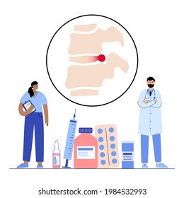 Spine disease, backbone with herniated disc. Intervertebral hernia concept, therapy and treatment in spine clinic. Spinal pain and diagnosis. Human vertebrae anatomy flat medical vector illustration