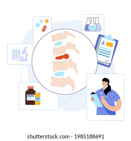 Wirbelsäulenkrankheit, Rückgrat mit hernisierter Scheibe. Konzeption, Therapie und Behandlung von intervertebralen Hernien in der Wirbelsäulenklinik. Rückenschmerzen und Diagnose. Anatomie menschlicher Wirbeltiere, flache medizinische Vektorgrafik