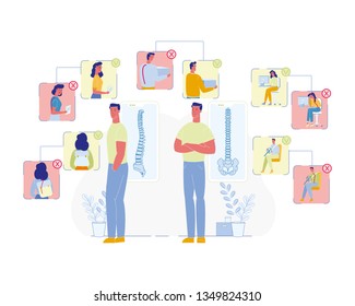 Spine Diseases Prevention Flat Vector Concept. Man and Woman Characters Carrying Heavy Load or Backpack, Incorrect Sitting, Driving Car Illustration. Posture Problems Causes, Wrong, Right Scheme