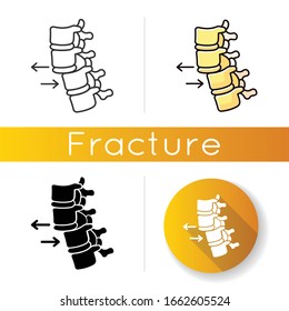 Spine dislocation icon. Displacement of spinal vertebra. Accident. Spinal injury. Healthcare. Trauma treatment. Medical condition. Linear black and RGB color styles. Isolated vector illustrations