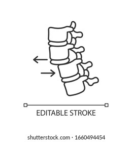 Spine dislocation pixel perfect linear icon. Displacement of spinal vertebra. Spinal injury. Thin line customizable illustration. Contour symbol. Vector isolated outline drawing. Editable stroke