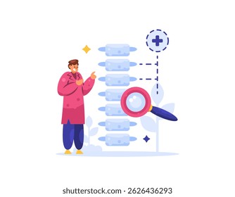 spine health concept. diagnosis and treatment of spinal disorders. Chiropractor or health professional. illustration of orthopedic doctor spine specialist with bone skeleton. flat style design