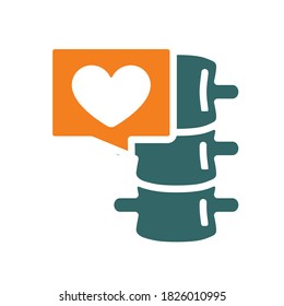 Spine with heart in chat bubble colored icon. Healthy spinal canal symbol