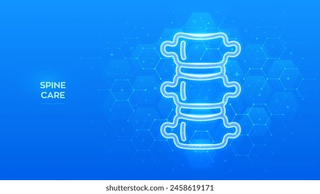 Spine icon. Spine health. Back pain spine treatment, Physiotherapy, Diagnostics concept. Molecular structure. Blue medical background with hexagons. Vector illustration