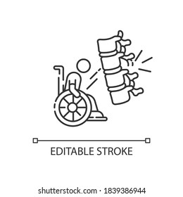 Spine injury linear icon. Fractured vertebrae. Handicapped patient in wheelchair. Health problem. Thin line customizable illustration. Contour symbol. Vector isolated outline drawing. Editable stroke