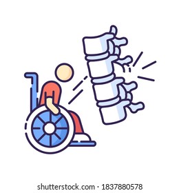 Spine injury RGB color icon. Fractured vertebrae. Handicapped patient in wheelchair. Healthcare problem. Injury rehab. Paralysis from spinal trauma. Damaged Isolated vector illustration