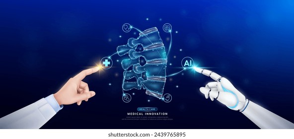 Spine joint bone in atom. Doctor and robot finger touching icon AI cross symbol. Health care too artificial intelligence cyborg or technology innovation science medical futuristic. Banner vector.