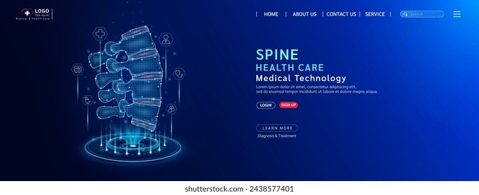 Cuidado de salud de huesos de articulaciones de columna. Diagnosticar la enfermedad con tecnología de inteligencia artificial. Diseño de plantilla de sitio web médico. Banner para anuncios médicos en las redes sociales. Vector.