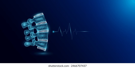 Spine joint bone human organ skeleton anatomy in form style polygon low poly futuristic and pulse wave glowing. Medical science template banner with empty space for text. Vector EPS10 illustration.