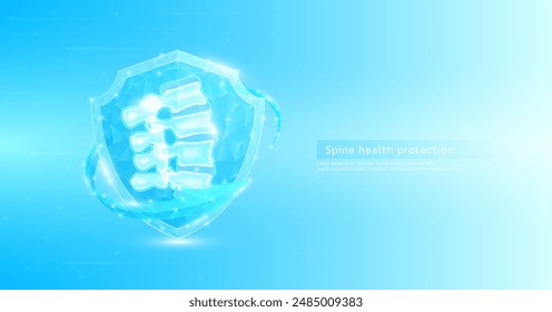 Wirbelsäulengelenk-Bone-Stil polygonal in Schild glühend von blauen Pfeilen umgeben. In: Medical Science Protection Symbol. Konzept der Gesundheitsversorgung. Banner Vektorgrafik EPS10.